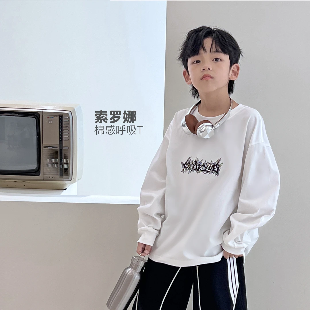 男童春秋T恤长袖白色洋气印花中大童上衣打底百搭  5092751O8