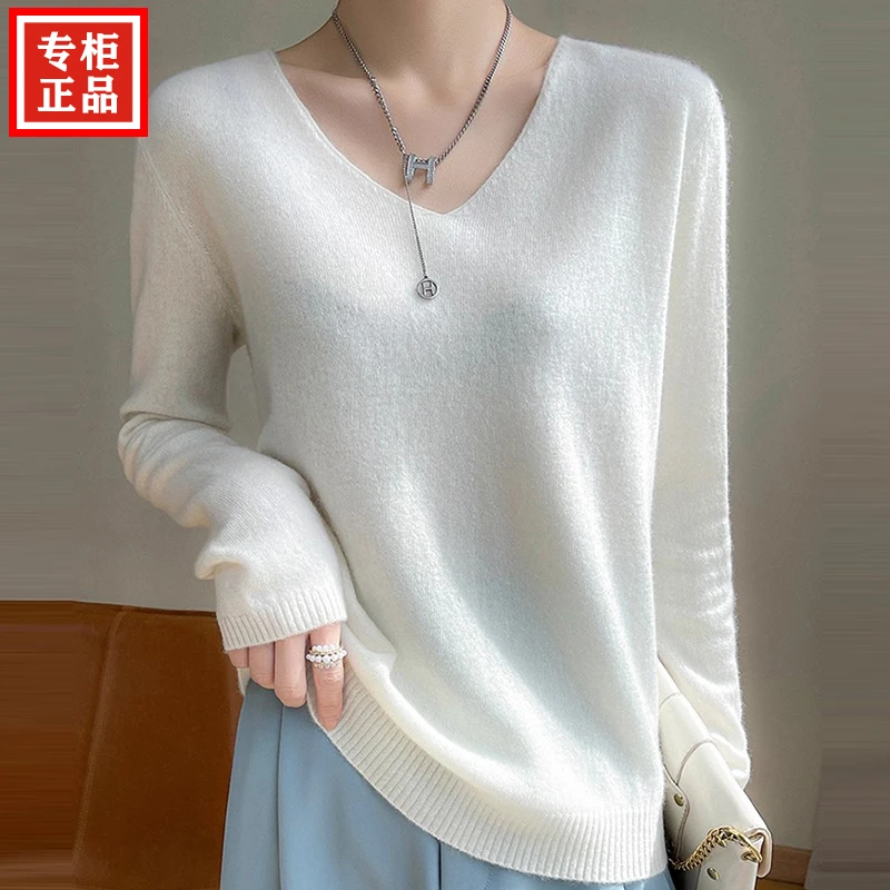 高端V领羊绒衫女100纯山羊绒秋冬款宽松内搭毛衣长袖针织打底衫女