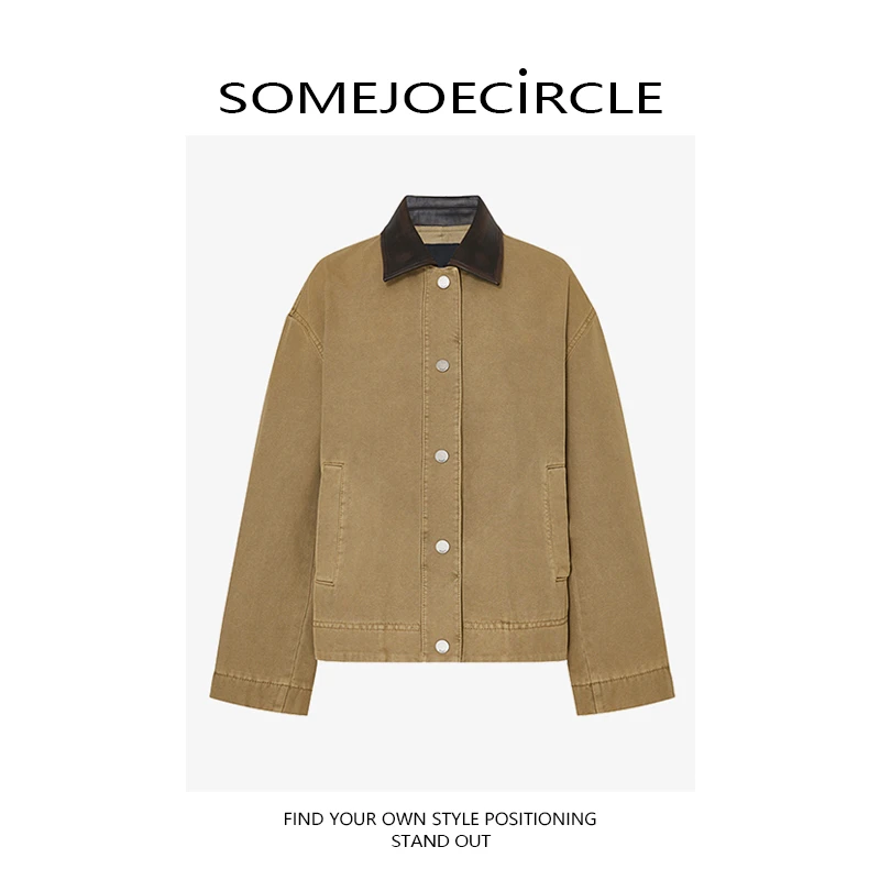 SOMEJOECIRCLE【怀旧】25秋新品棉质巴恩风素皮领夹克短款外套Z7771
