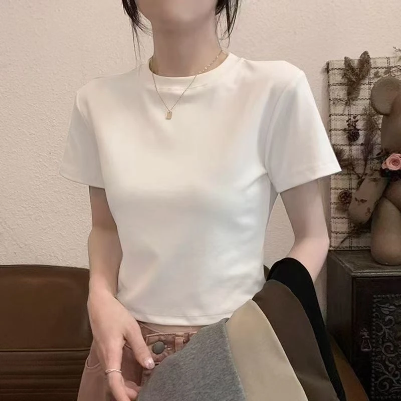 300克莫奈尔弹力棉夏季新款元圆领短袖T恤小个子百搭修身打底t恤