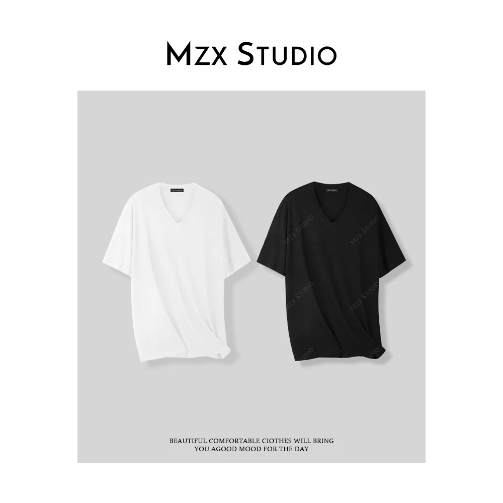 MZX 夏季棉麻质感V领透气短袖T恤上衣SY8185-B
