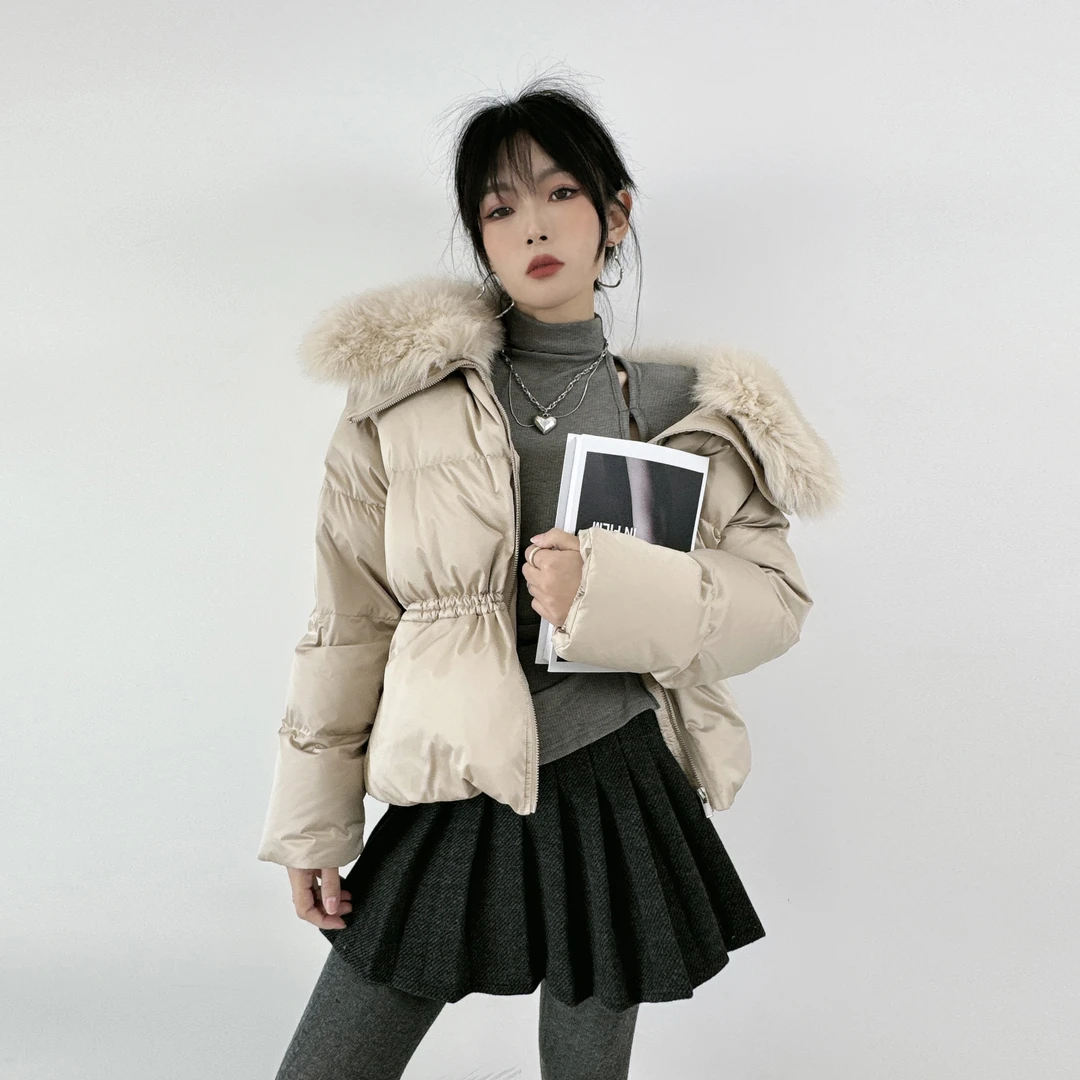 ONEBYTOW2025年新款韩版收腰可拆卸狐狸大毛领羽绒服女冬季小个子