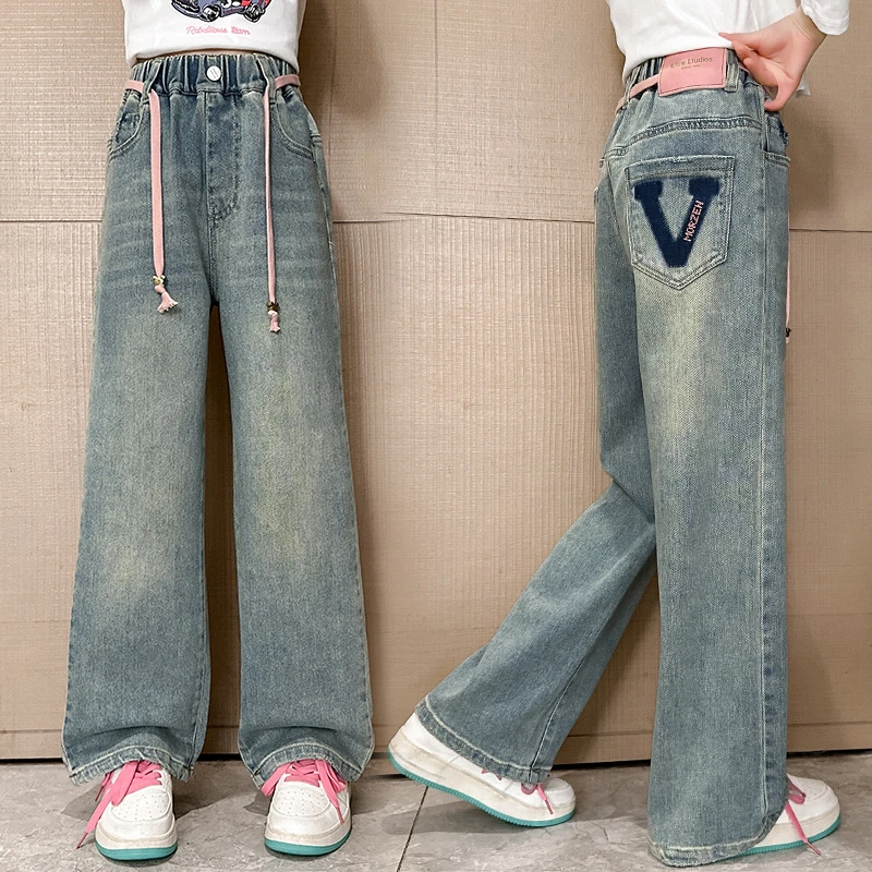 女童春季牛仔裤2025新款洋气中大童春款时髦阔腿裤宽松女孩直筒裤