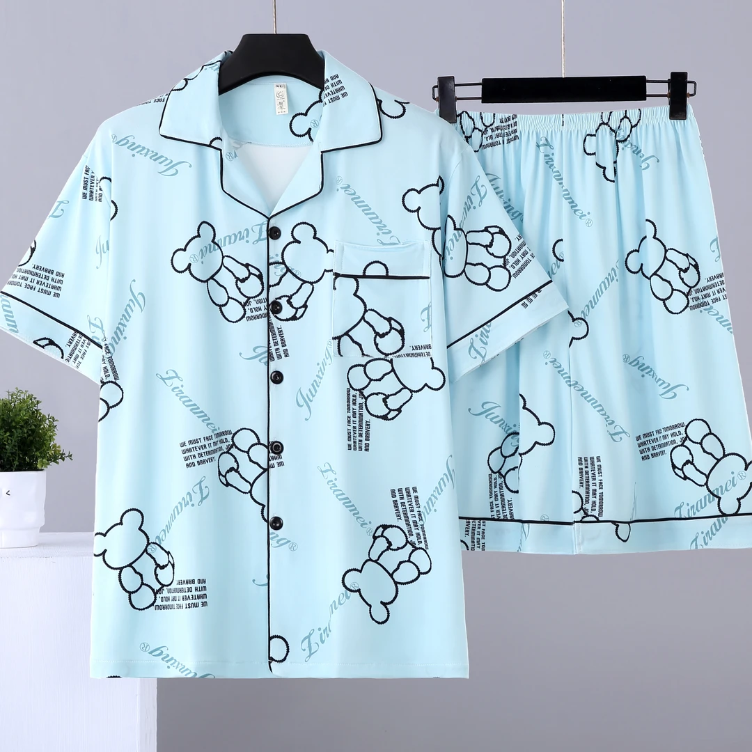 夏季男士睡衣短袖短裤卡通青少年学生宽松休闲薄款外穿家居服套装