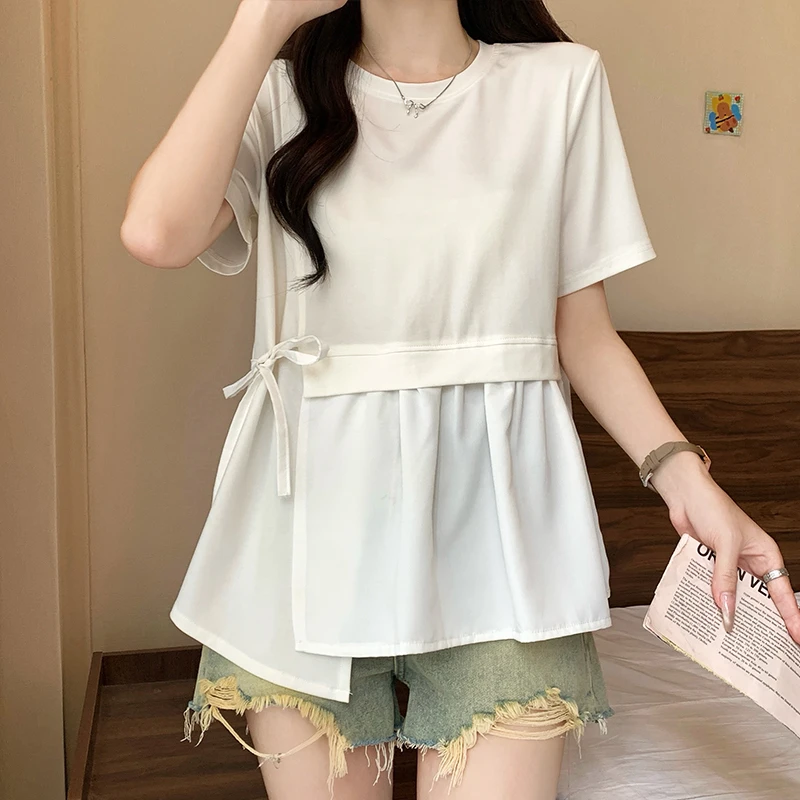 夏季女装大码系带短袖T恤胖女孩宽松显瘦不对称气质减龄遮肚上衣