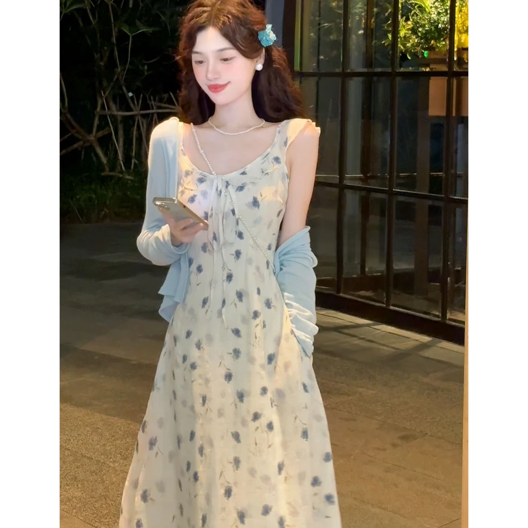 【有口袋】碎花飞飞袖连衣裙女装夏季新款气质绝美漂亮收腰长裙7005