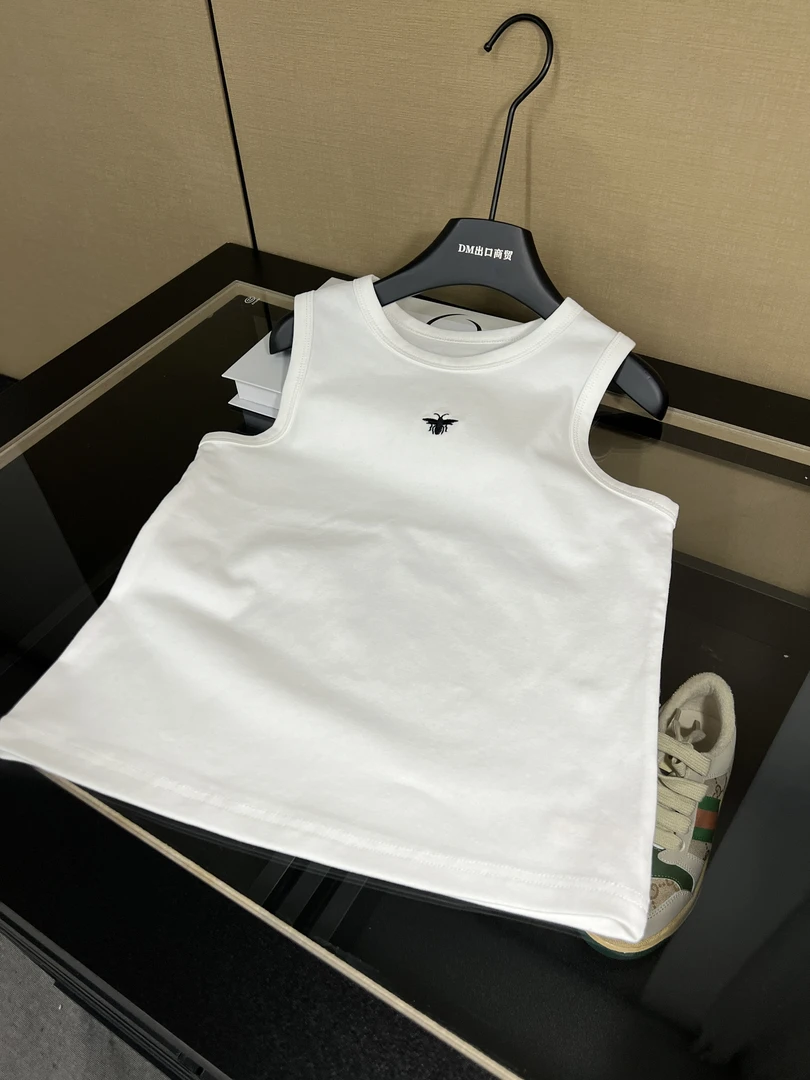 夏季潮牌夏季儿童休闲百搭白色刺绣印花弹力无袖背心