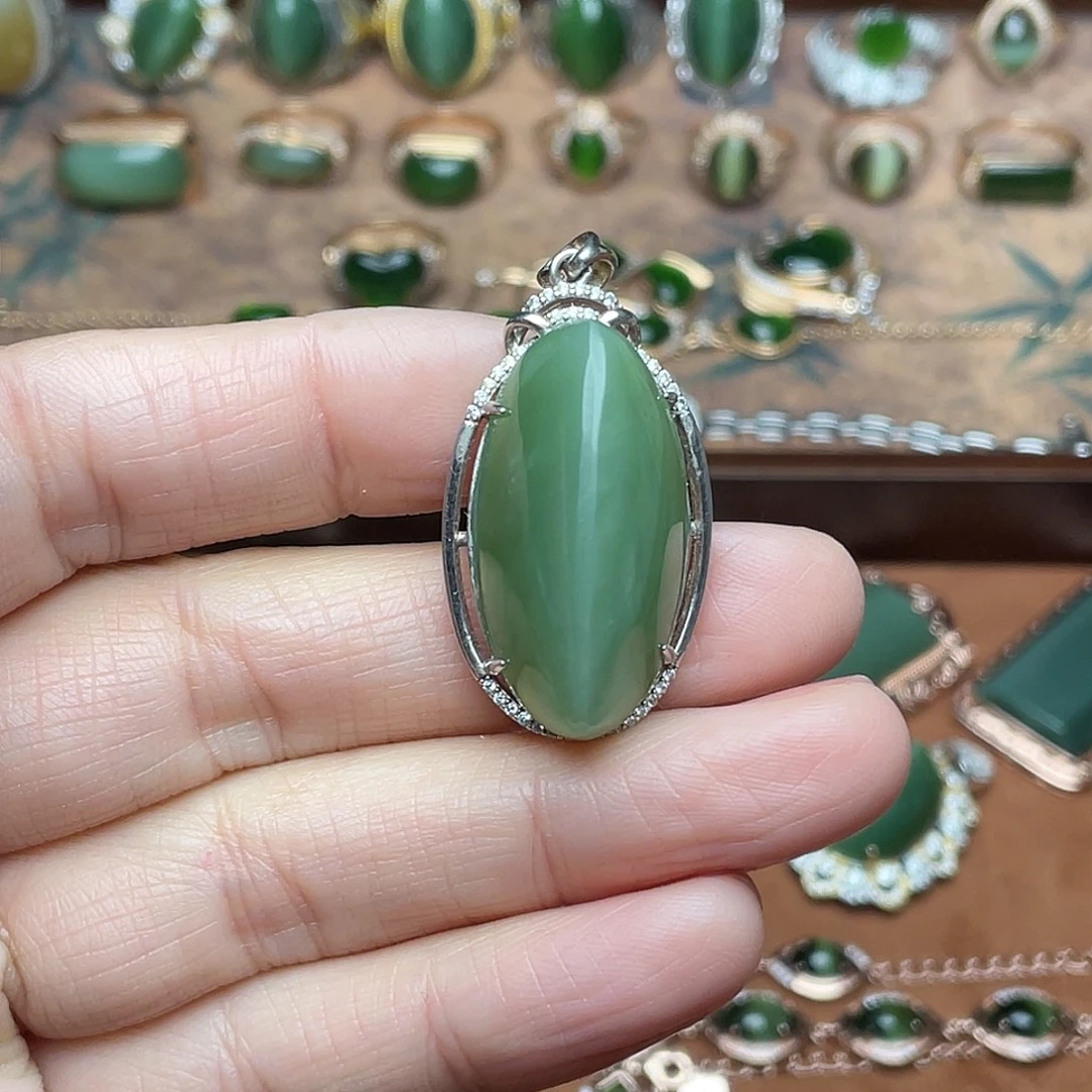 和田玉（碧玉）银S925镶嵌吊坠(不含链)吊坠