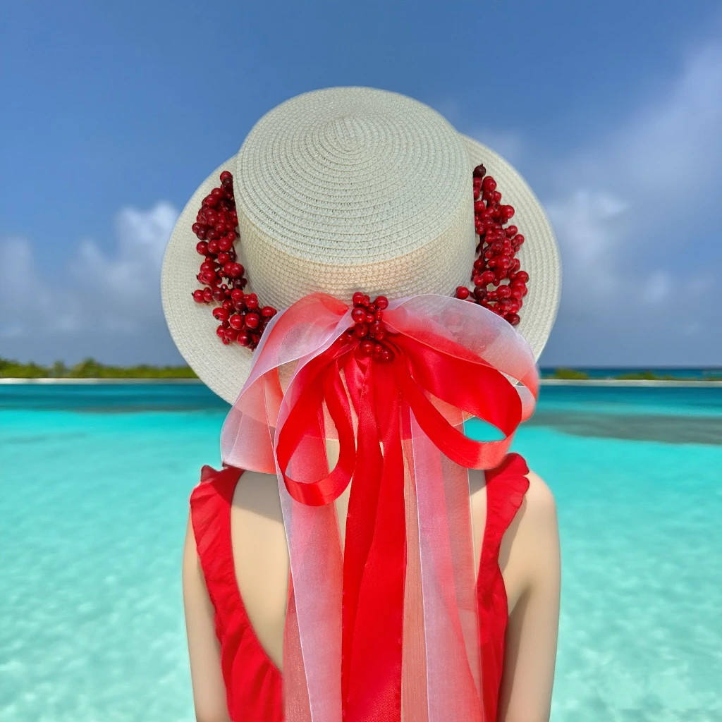 原创红色浆果草帽仙女出游短檐平顶甜美可爱帽子礼帽欧若假日风帽