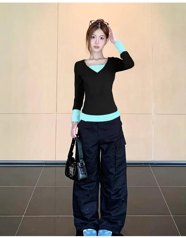 长袖v领正肩t恤女秋冬天内搭打底衫假两件上衣早秋季韩系流行穿搭