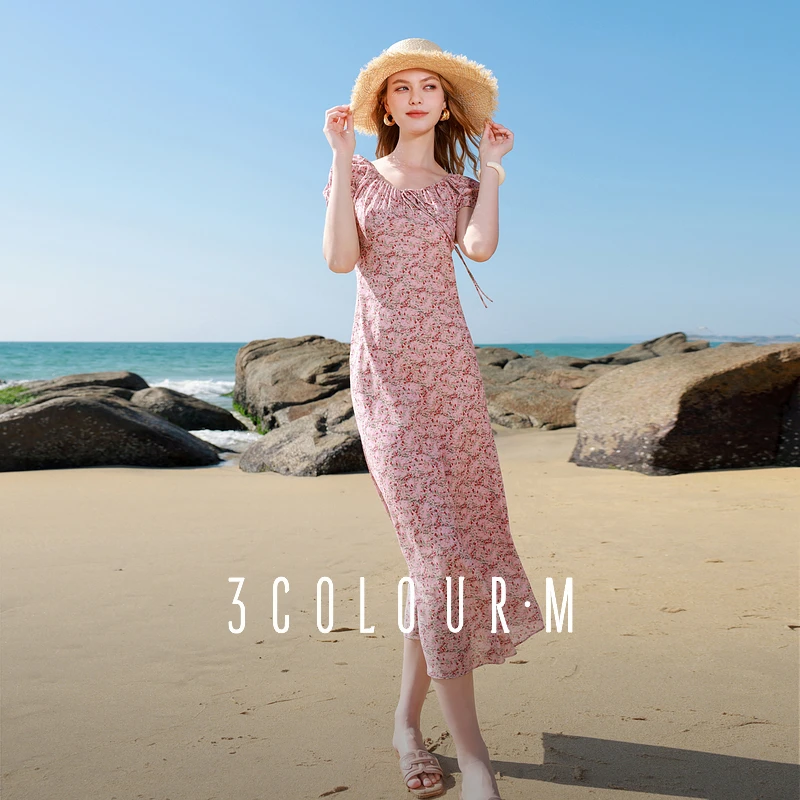 三彩2025夏季新款碎花连衣裙U领收腰斜裁A字裙抽绳鱼尾长裙女M