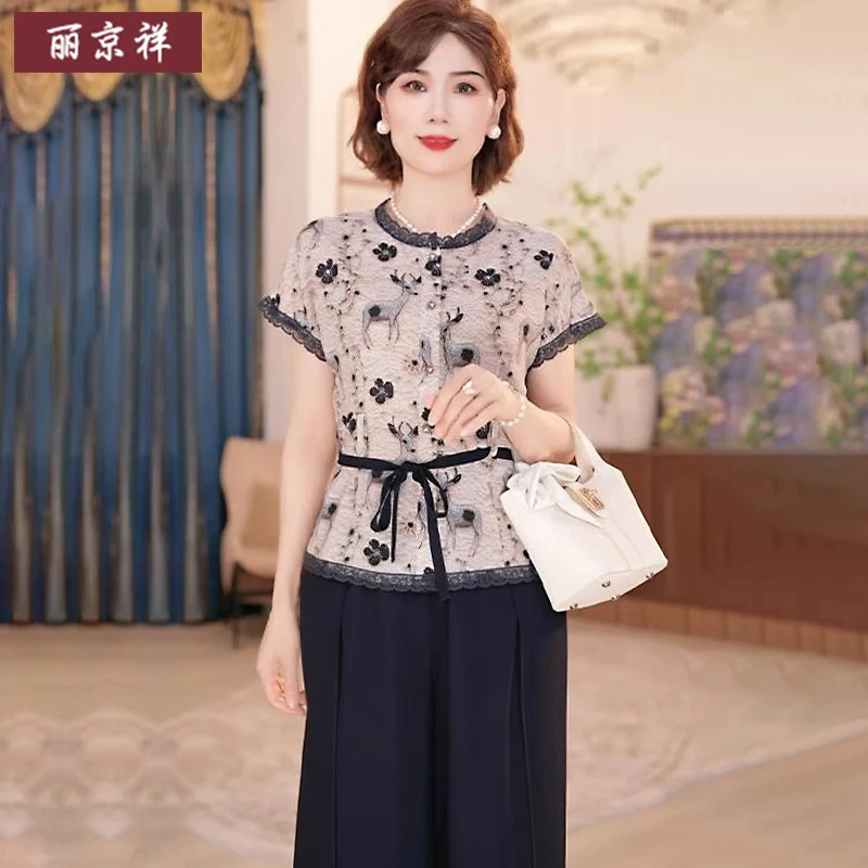 妈妈装夏季国风小衫新款洋气中老年女装显瘦时尚印花T恤套装