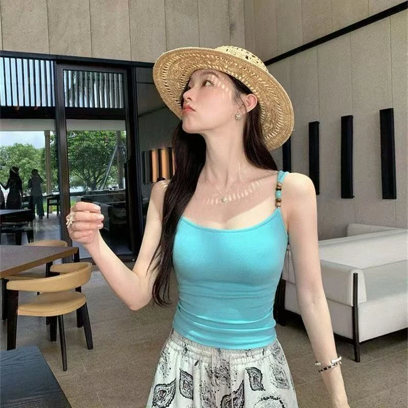 串珠多巴胺小吊带背心女带胸垫外穿辣妹设计修身百搭内搭打底上衣