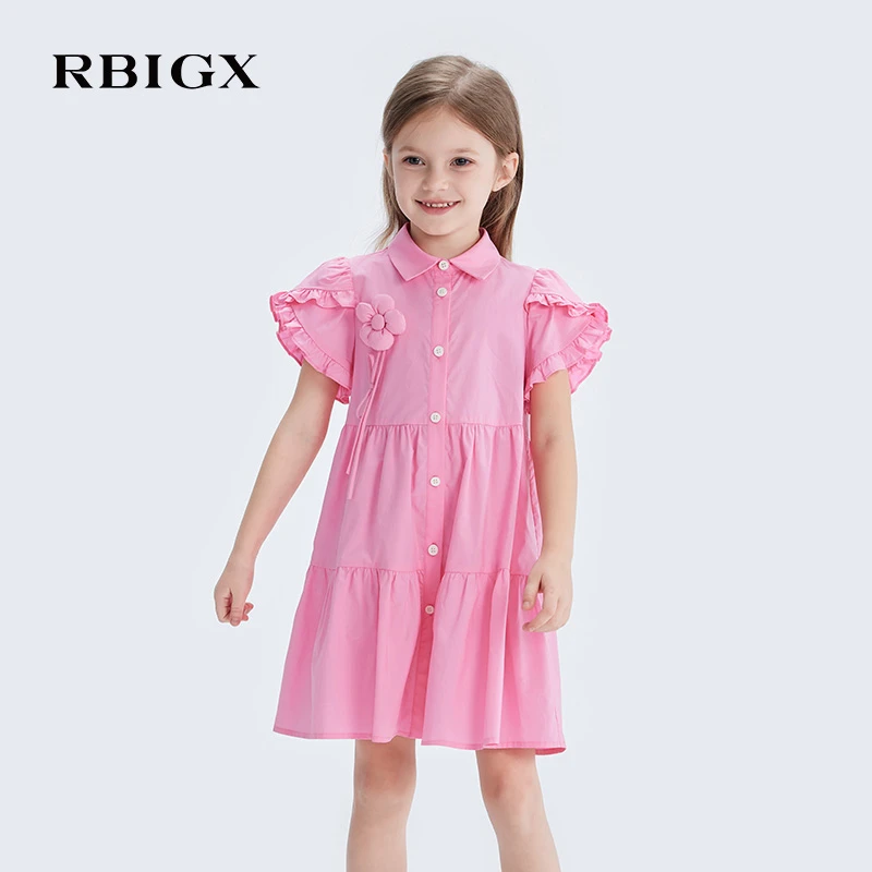 RBIGX瑞比克童装夏季新款棉布衬衫木耳边女童设计感连衣裙