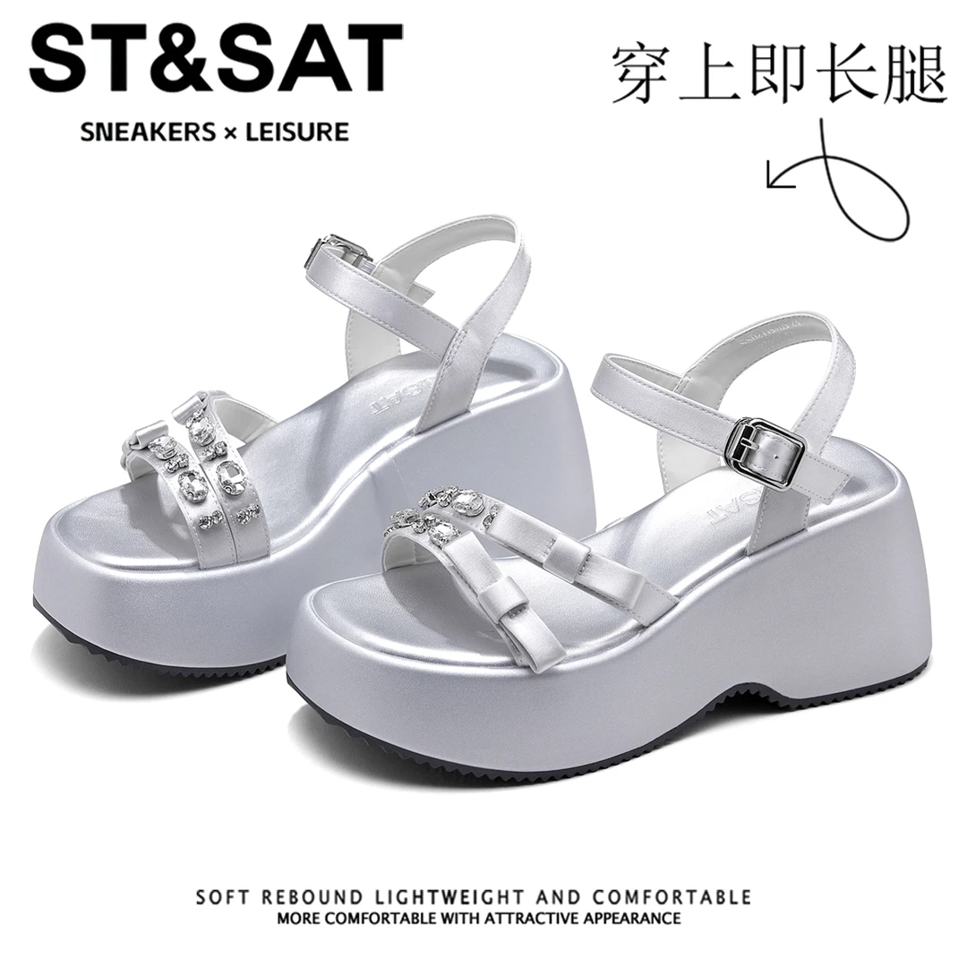 星期六蝴蝶结水钻罗马凉鞋2025新款百搭休闲女鞋厚底沙滩鞋配裙子