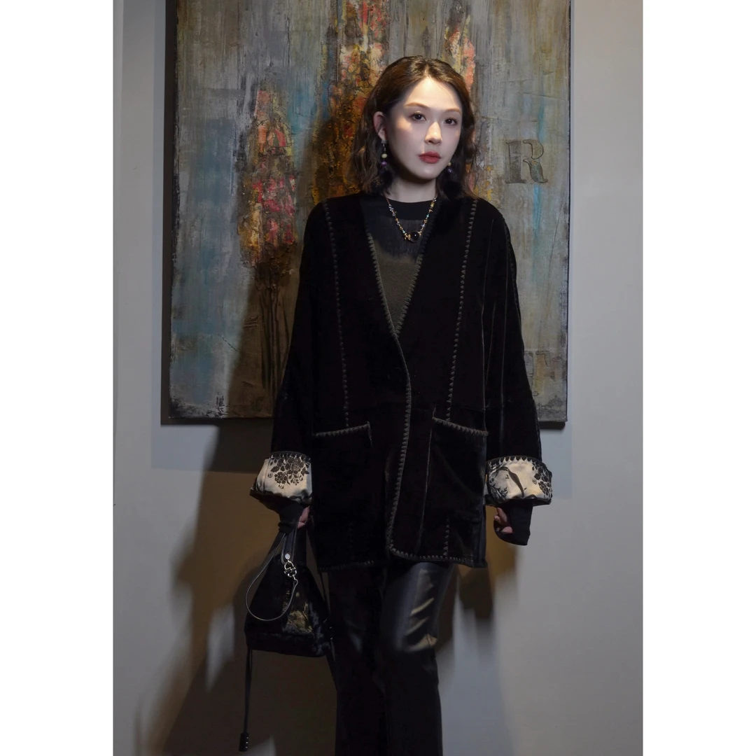 旧梦！重工贝壳绣真丝丝绒双面穿新中式外套！GZ6783