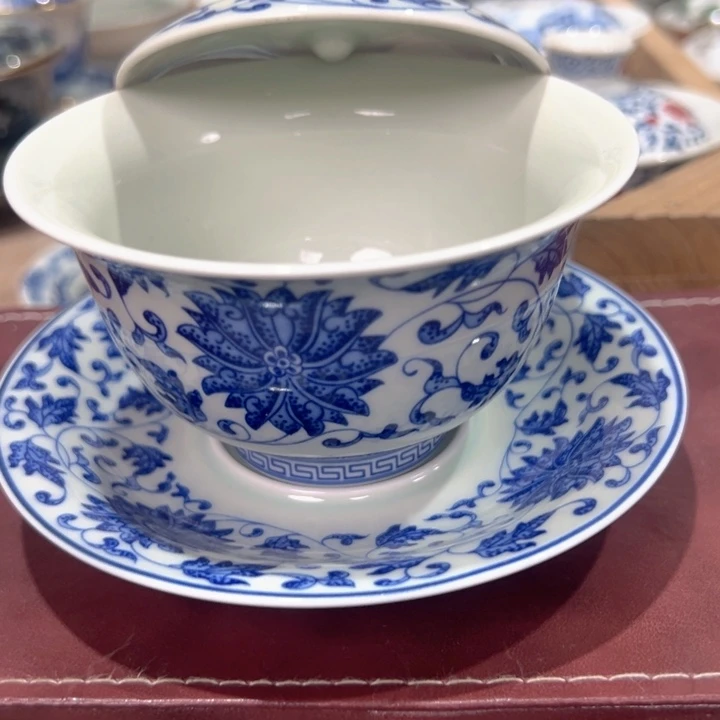 瓷片白青花缠枝开元宝盖碗全品