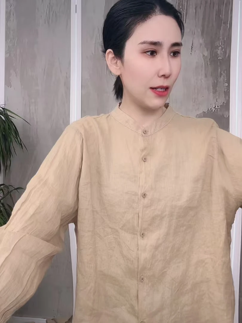 （卡其色）小立领单排多扣前短后长木耳袖口显瘦亚麻衬衣女XHH 050