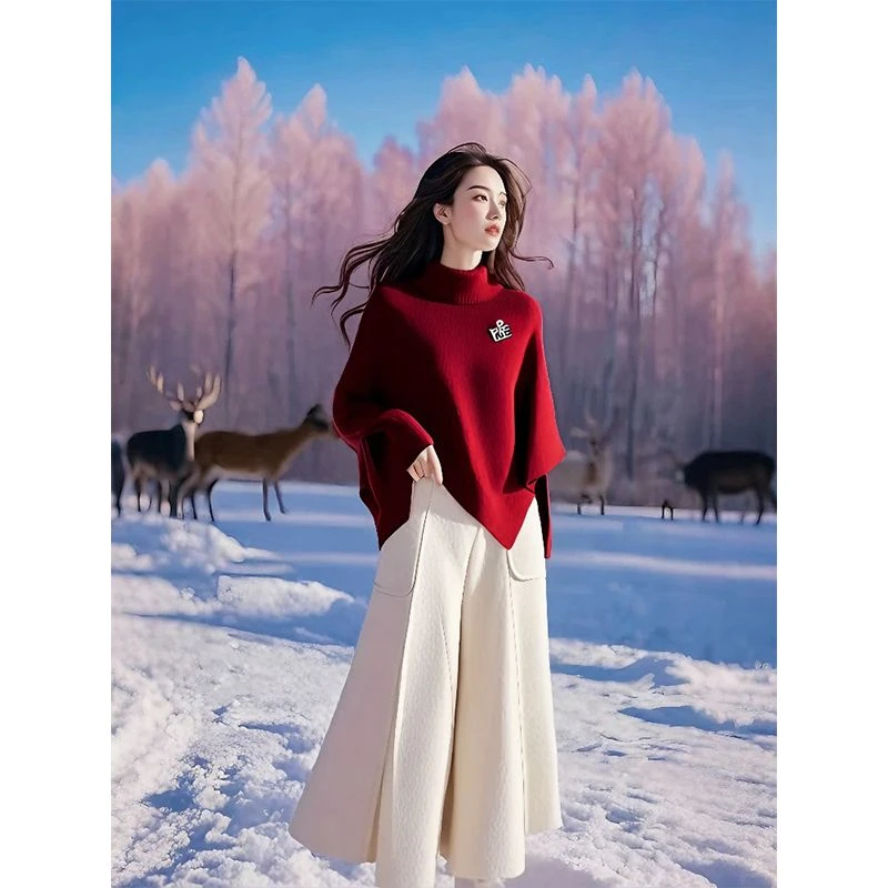 冬季时尚套装高级感安克拉红色高领斗篷毛衣减龄显瘦半身裙两件套