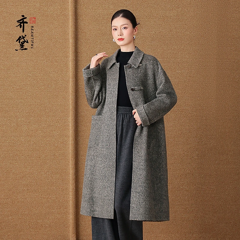 烟灰色年轻款大衣女双面羊绒高级感2025冬新款中长款羊毛呢子外套