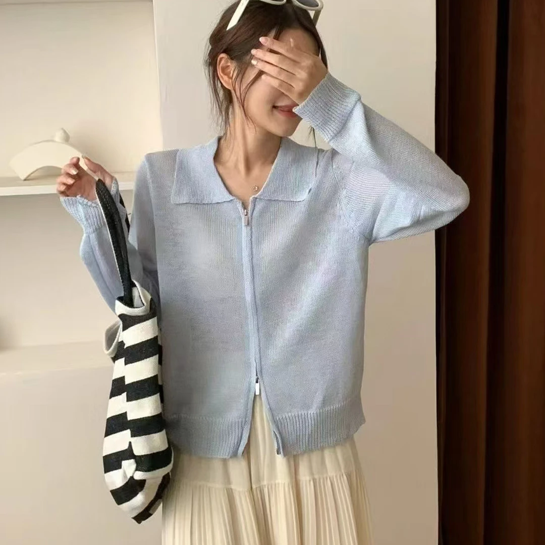 翻领拉链针织开衫女春秋夏季新款宽松显瘦纯色百搭防晒空调上衣新