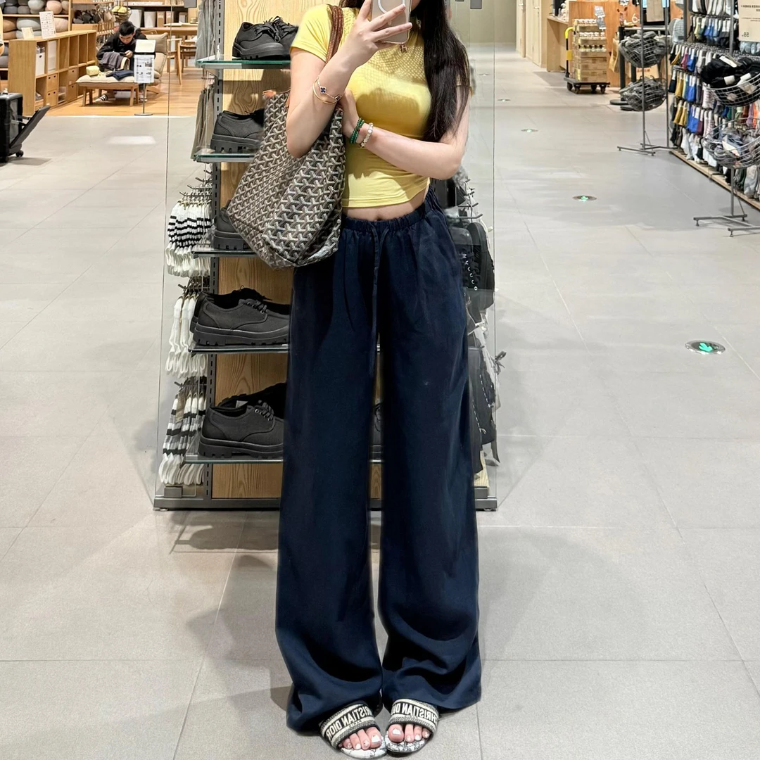 藏青色亚麻阔腿裤女夏季薄2025新款宽松垂感休闲裤高腰冰丝直筒裤