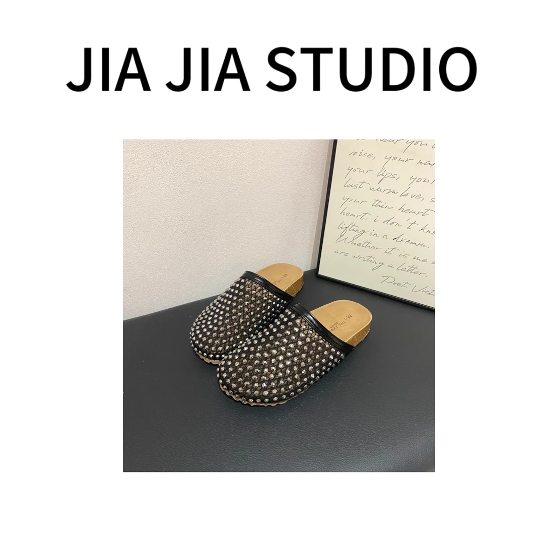 嘉嘉推荐#682【夏季】舒适百搭厚底水钻包头半拖