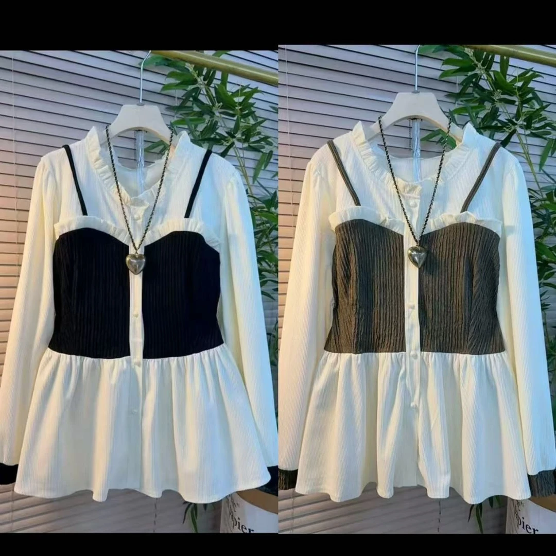 LL琳荷叶立领拼色吊带假两件上衣大码女装韩版小众设计小衫2115