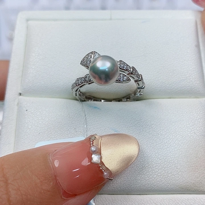 海水珍珠戒指银S925镶嵌真多麻7-8mm