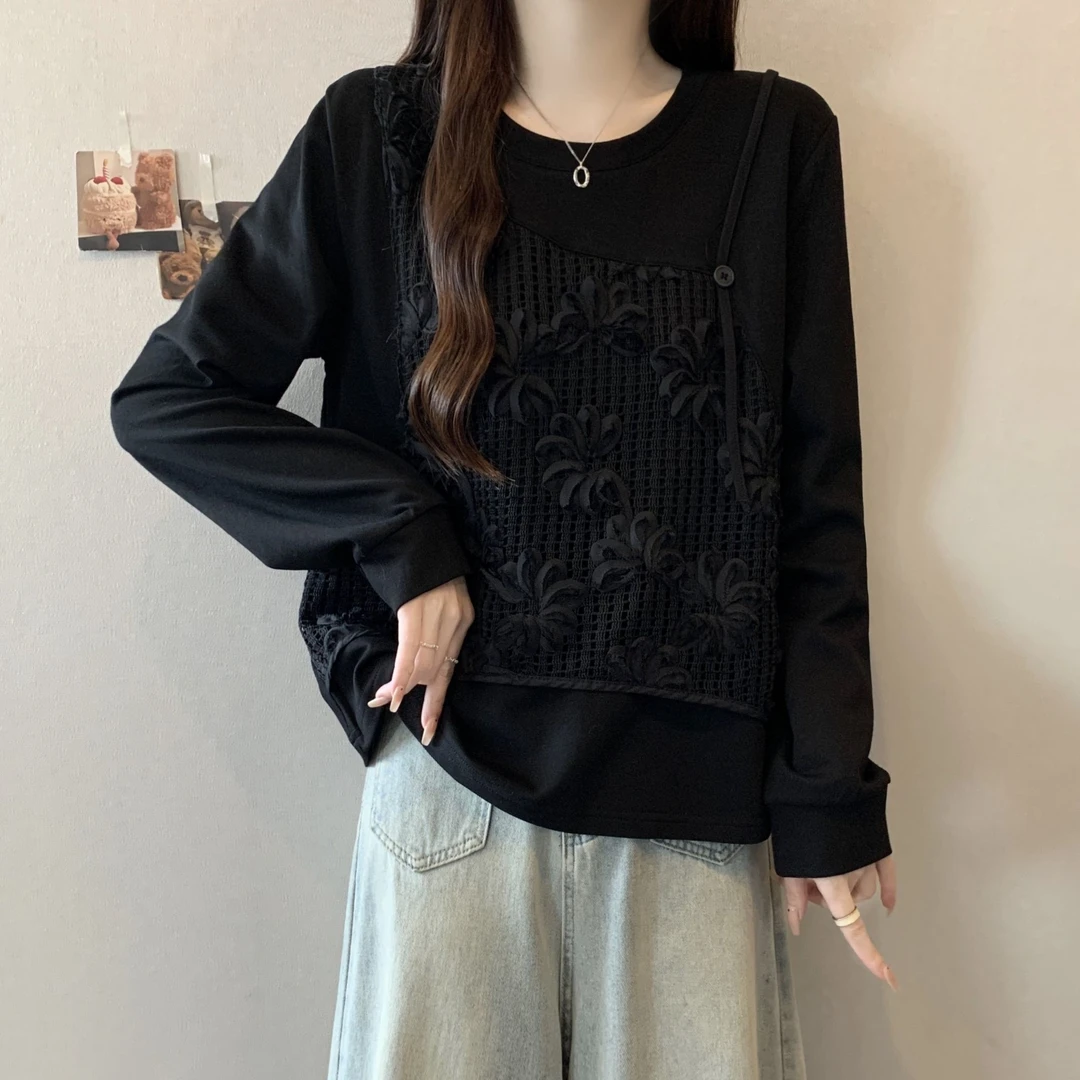 大码假两件蕾丝拼接卫衣女春秋新款胖MM宽松显瘦百搭洋气长袖上衣