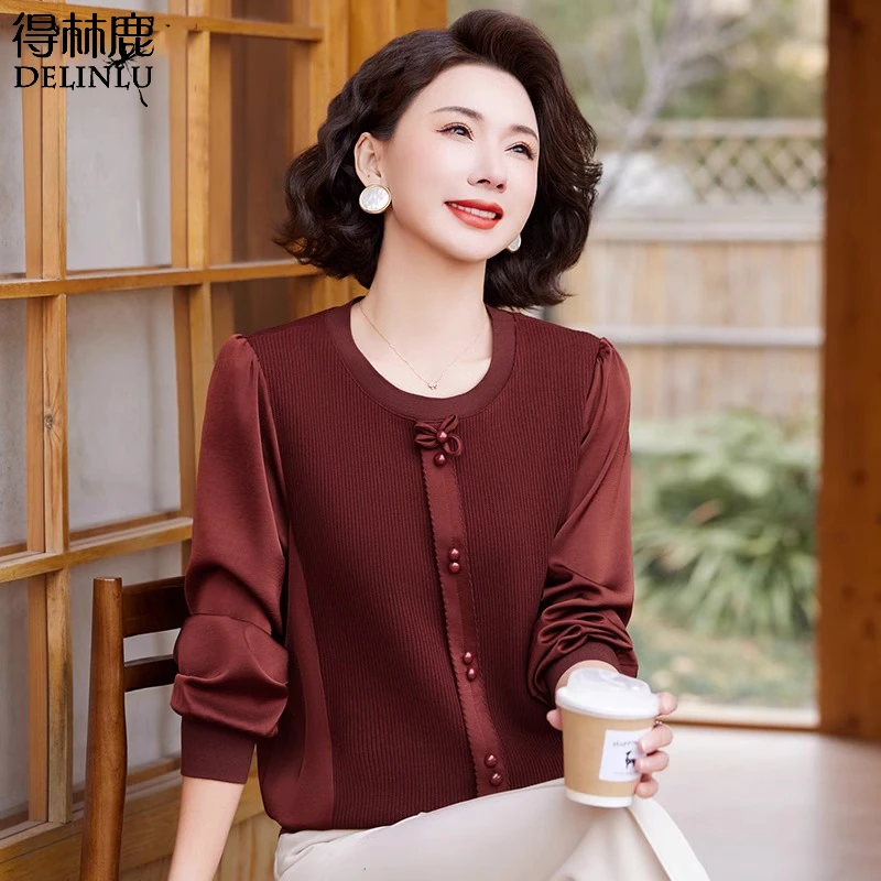 妈妈小衫春秋时尚洋气长袖T恤2025新款中老年女春装针织打底上衣