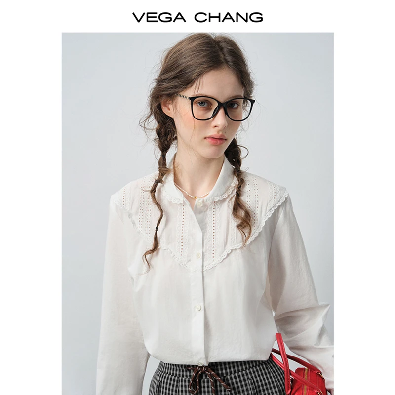 【莱赛尔】VEGA CHANG白色衬衫女2025新款秋翻领镂空衬衣0627LW