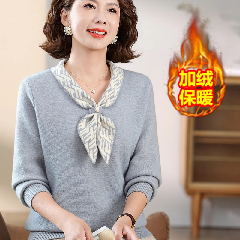 妈妈冬装加绒加厚毛衣洋气一体绒上衣中老年女秋冬套头针织打底衫