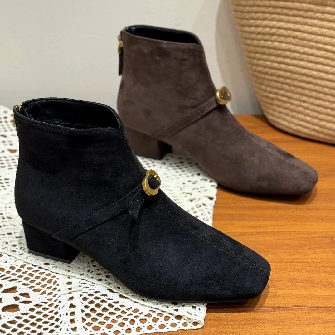 新品点赞福利！加薄绒羊京绒面4cm方跟气质短靴Y1010