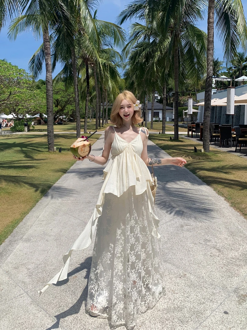 性感度假风重工刺绣吊带长裙V领蕾丝拼接假两件仙仙裙女百搭显瘦