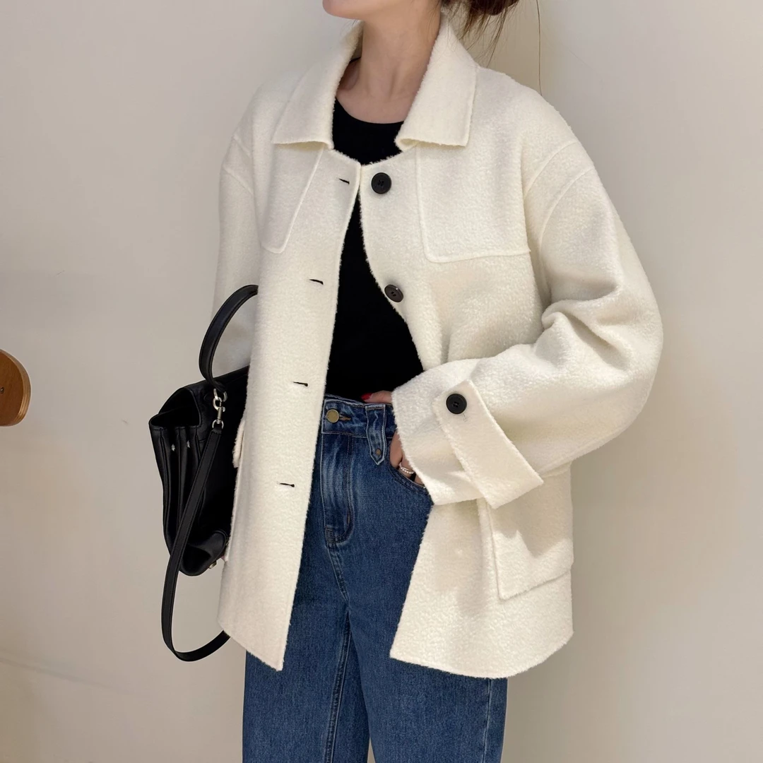 【塔鹿蕾】冬季新款简约翻领衬衫式休闲毛呢大衣短款外套P131