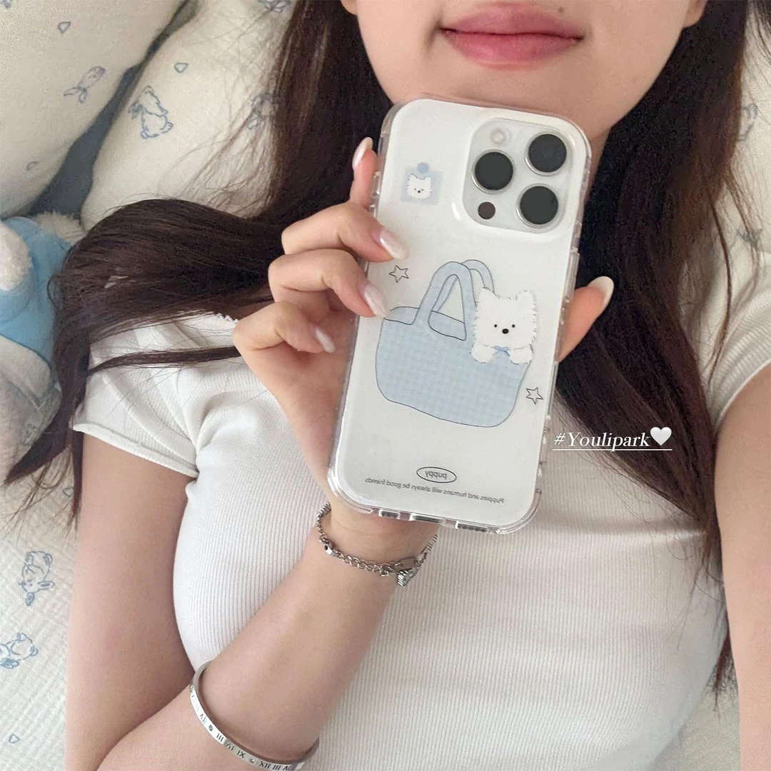 IMD蓝色购物袋小狗适用iPhoneXR苹果华为小米OPPOVIVO大孔手机壳