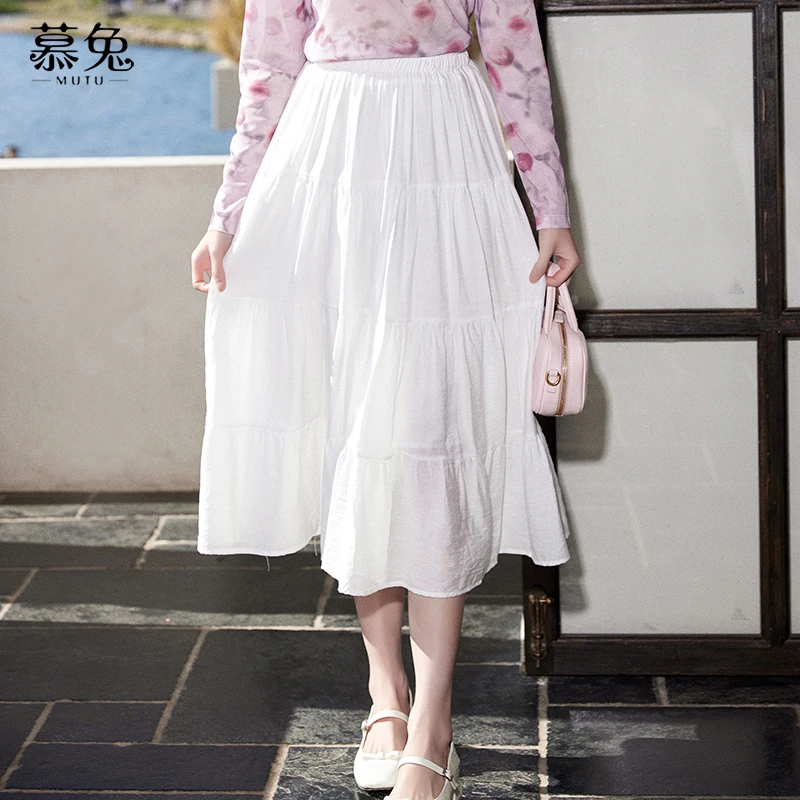 慕兔白色半身裙女夏季2024新款高腰显瘦垂感小个子中长款a字裙子