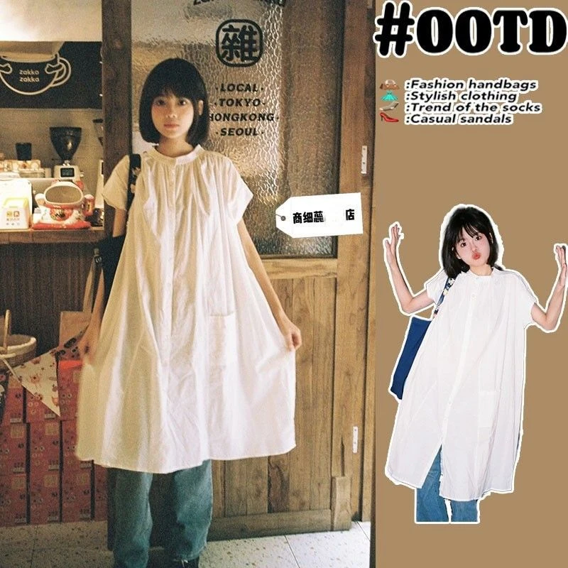 法式慵懒棉麻短袖衬衫连衣裙2025新款女夏季宽松显瘦中长款裙子