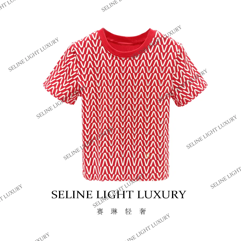 [25C-133] 2025 SELINE 新款轻奢V型条纹印花时尚圆领短袖T恤