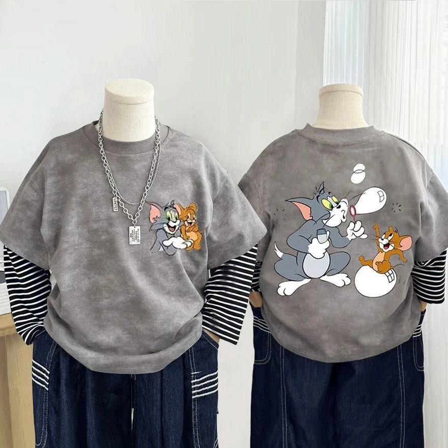 2025新款秋季儿童中大童时尚T恤宝宝上衣扎染男女童宽松长袖T恤穿