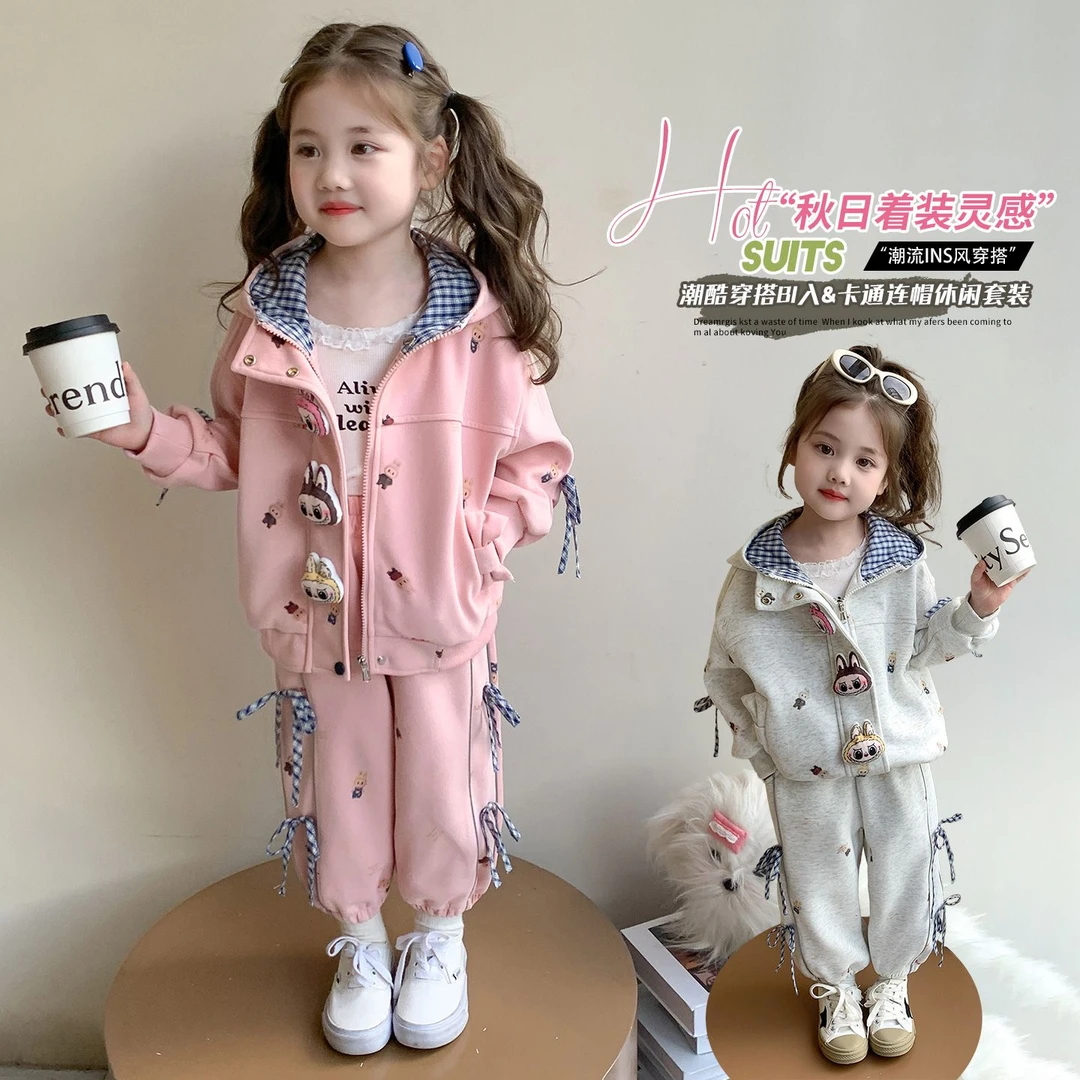 女童卡通连帽套装2025新款儿童洋气女宝宝春秋装束脚卫裤两件套潮