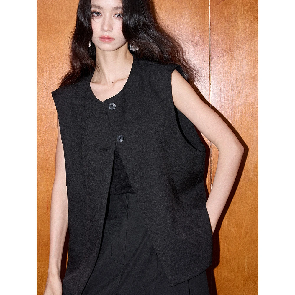 25早秋外穿法式复古高级感简约无袖宽松黑色圆领马甲外套上衣时尚