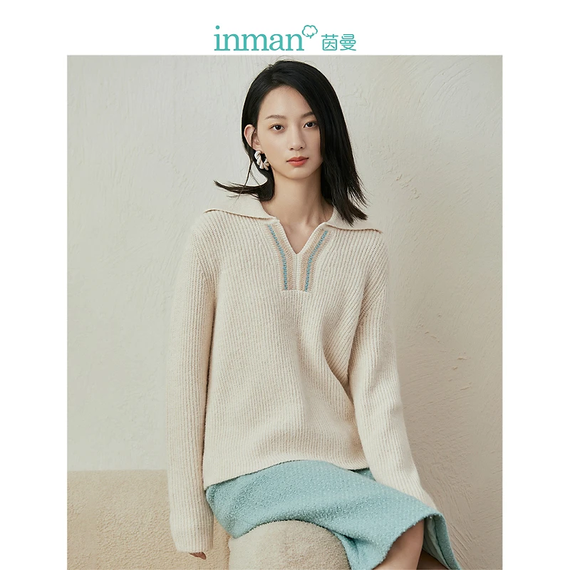 【商场同款】茵曼V领针织毛衣2023冬季女装新款小个子套头上衣