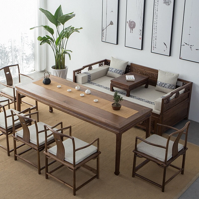 马蹄桌北方老榆木茶桌新中式靠墙长条桌中式套装成套家具