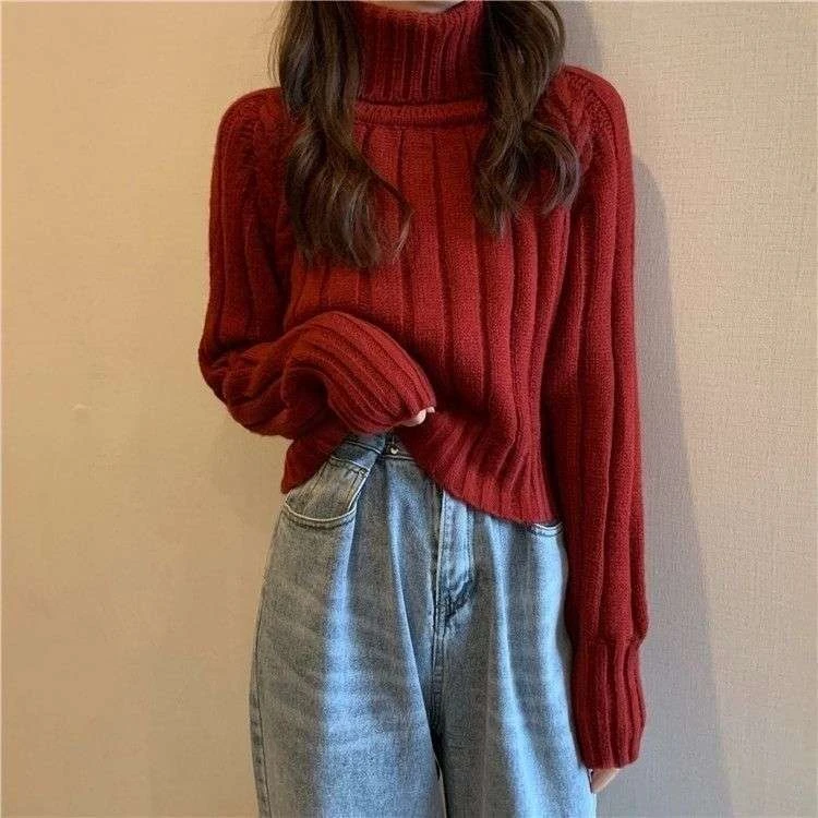 秋冬新年爆款红色高领毛衣女短款宽松外穿慵懒风加厚洋气针织上衣