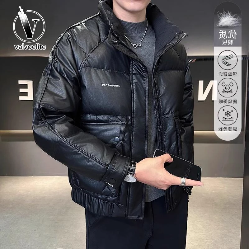 VALVOELITE皮衣羽绒服男士冬季短款帅气立领夹克加厚保暖免洗外套