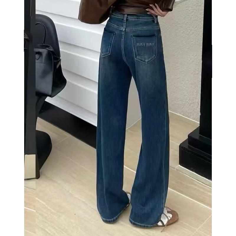 四面弹牛仔裤女秋款窄版阔腿裤高腰深蓝色显瘦百搭直筒长裤25204