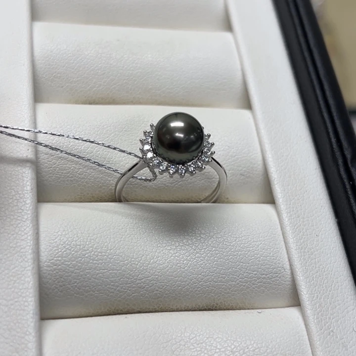 银S925镶嵌海水珍珠戒圈大溪地8-9mm120