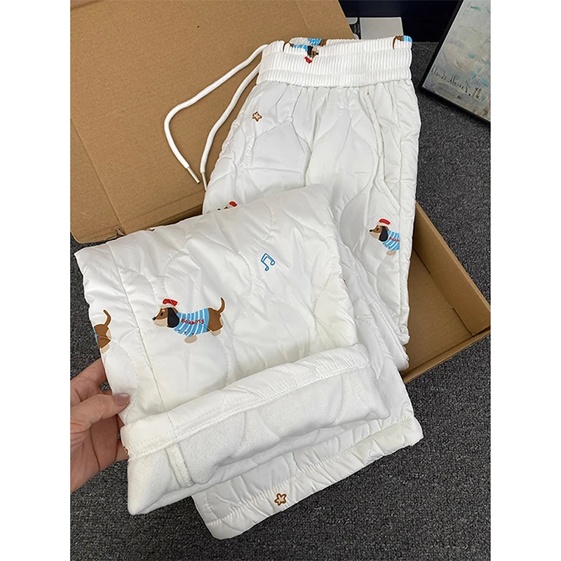 白色葫芦纹加厚棉裤男女款冬季摇粒绒小狗刺绣保暖裤子外穿滑雪裤